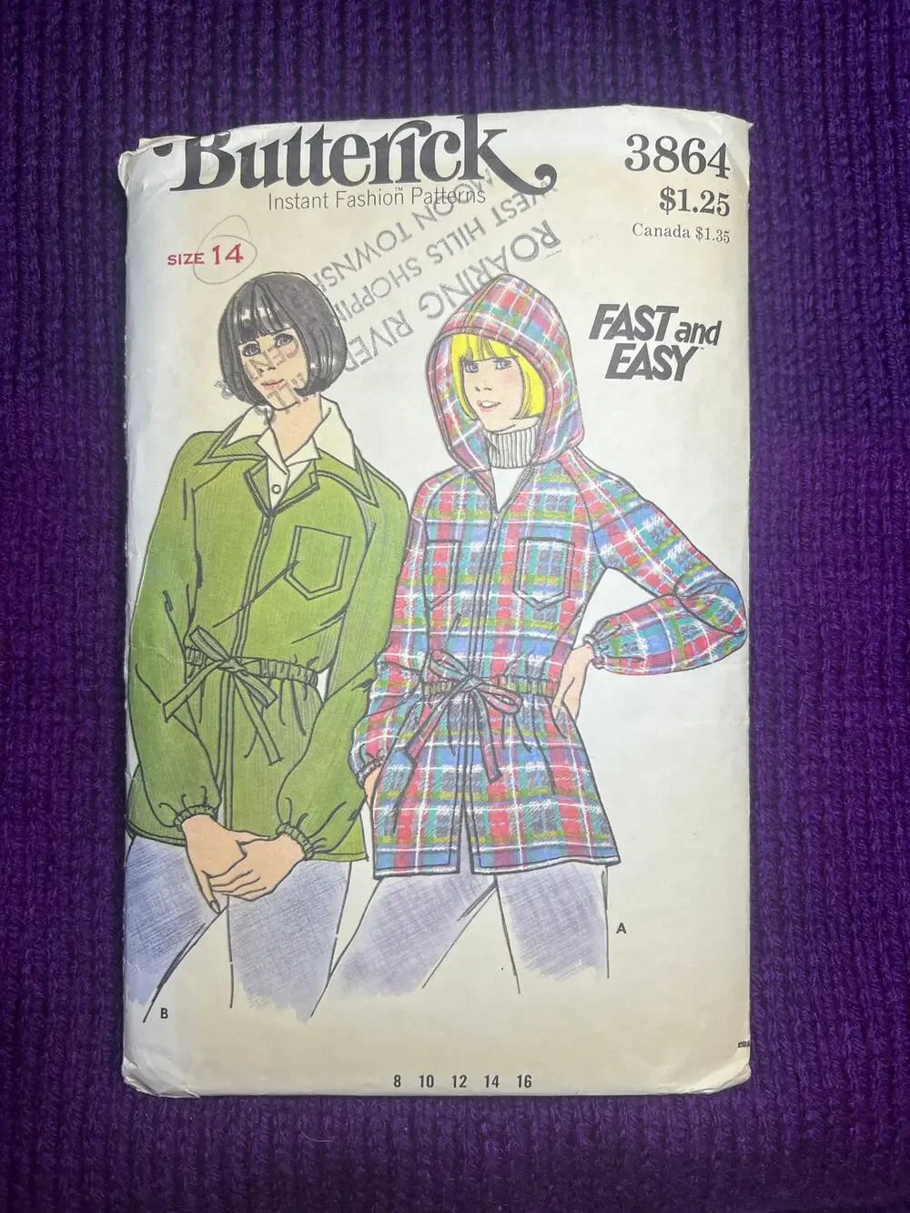 Butterick 3864 sewing pattern Jacket shacket hood 1980s size 14